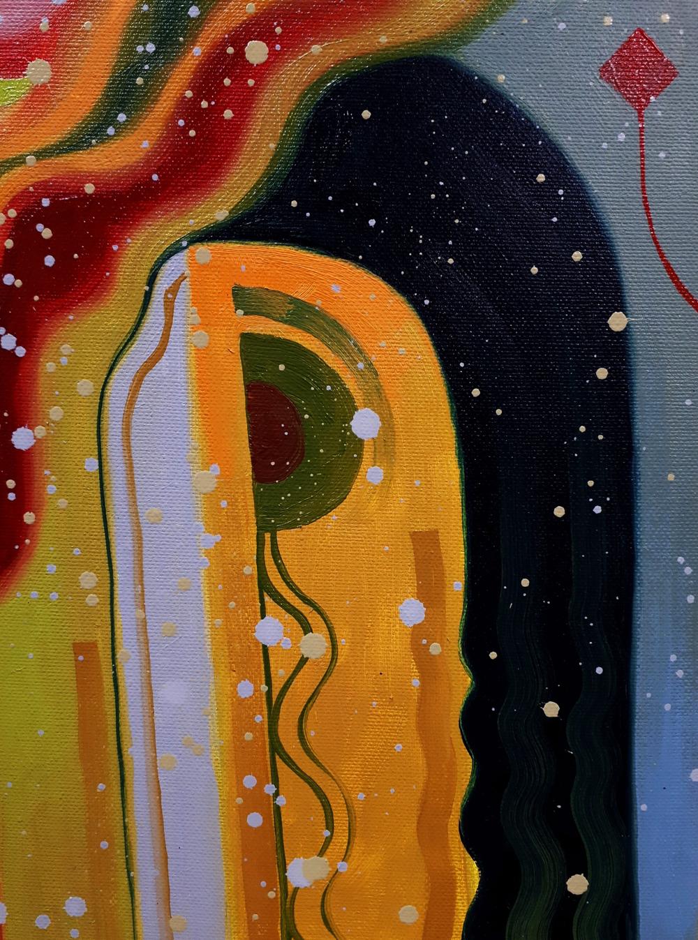 Oil painting Absinthe Man by Sergiy Voichenko, abstract figure in orange yellow on dark background
