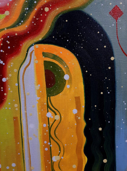 Oil painting Absinthe Man by Sergiy Voichenko, abstract figure in orange yellow on dark background