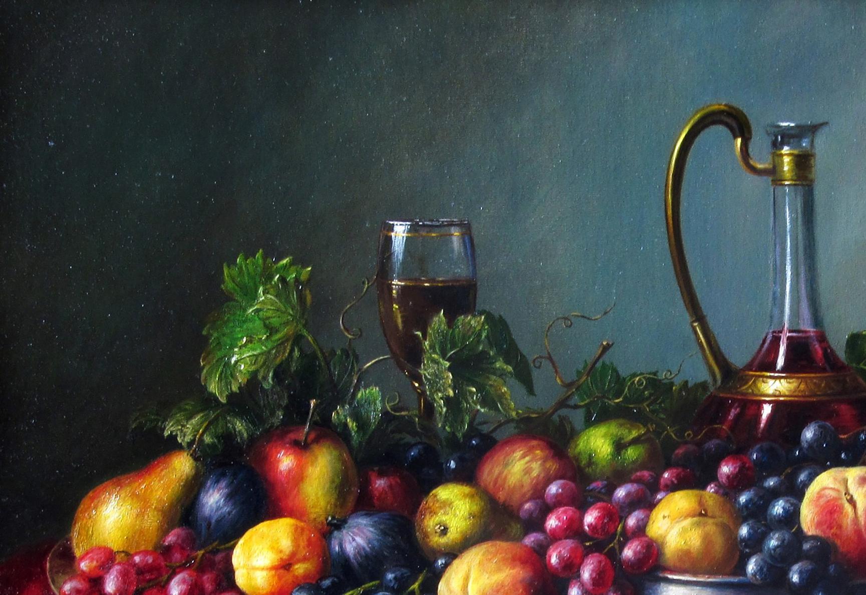 Oil painting Summer Treats by Valeriy Bulat with wine, decanter, fruits