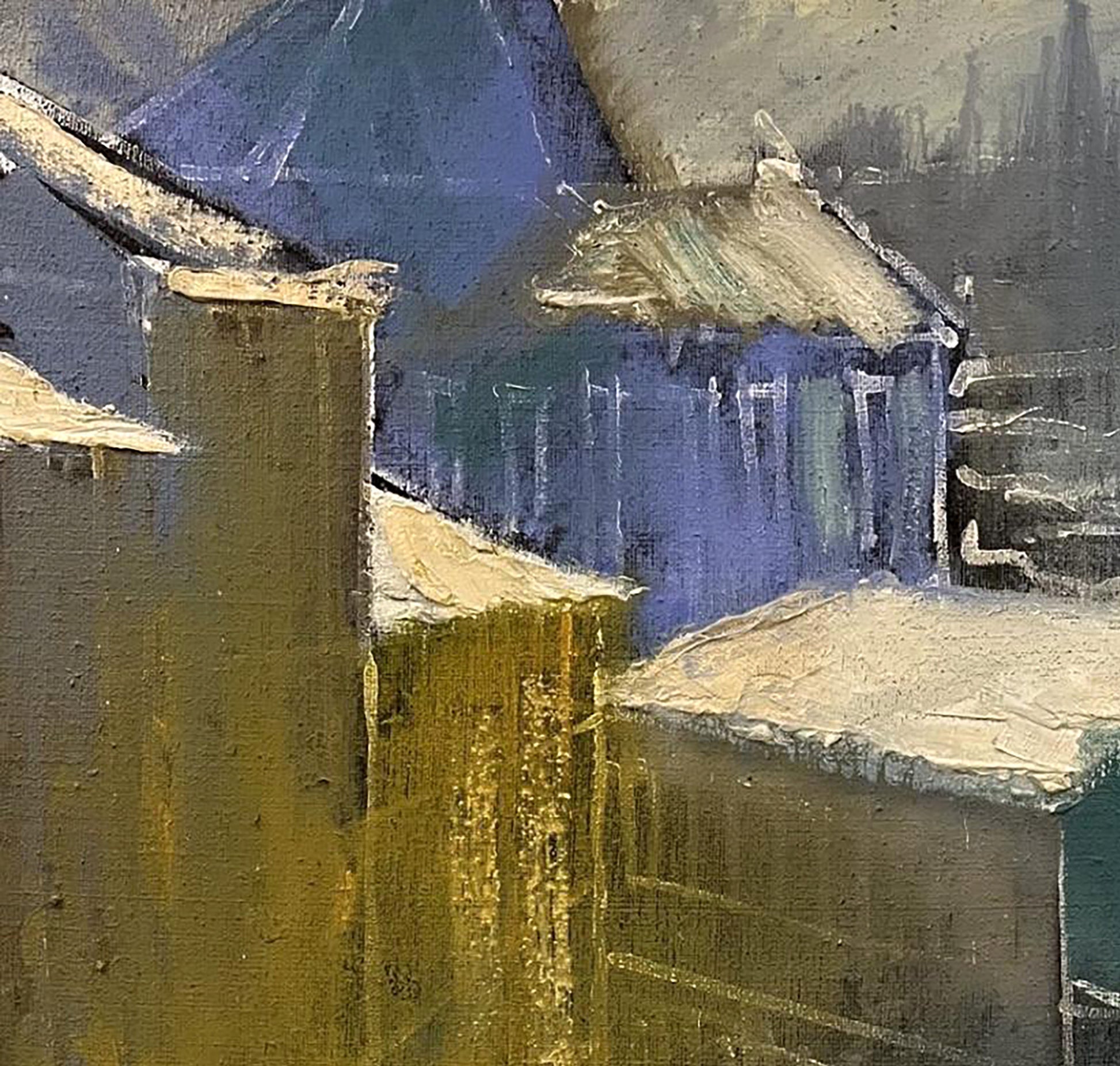 Abstract expressionist oil painting of snow-covered roofs by Serhiy Kovalev