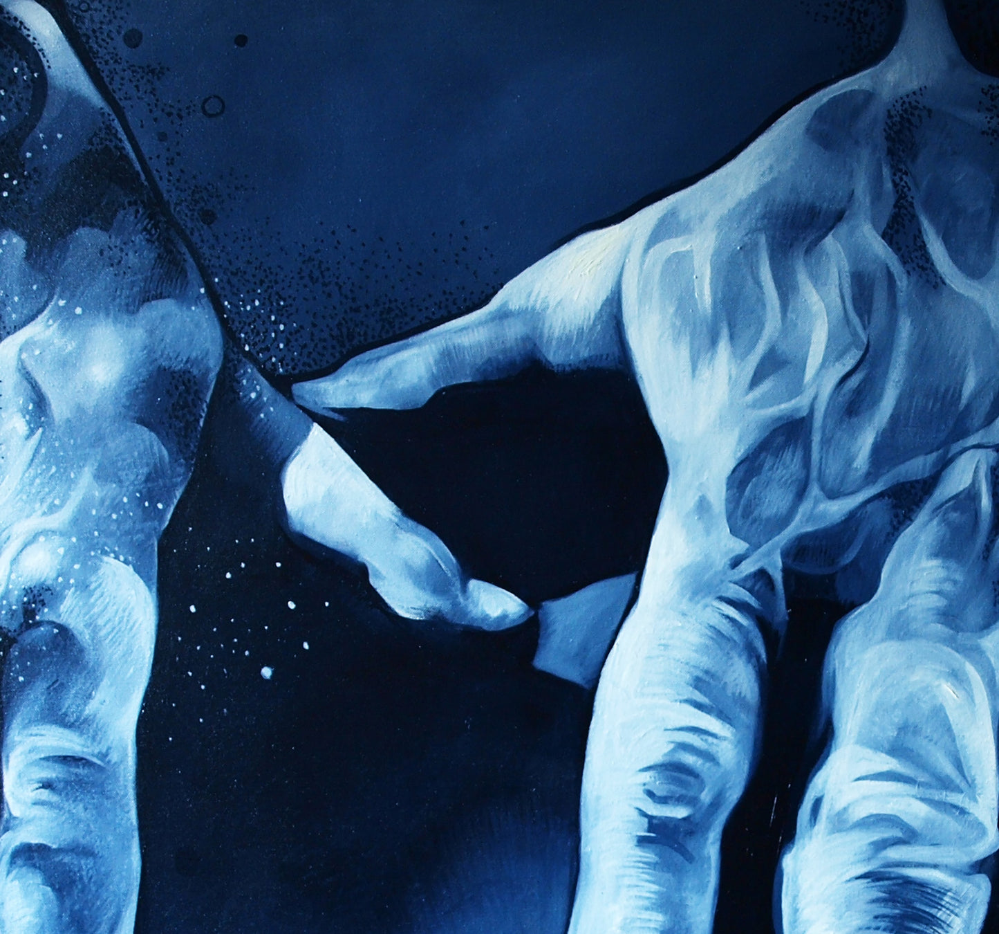 Surreal blue-toned oil painting of strong arms reaching by Konsta G. Amelinn