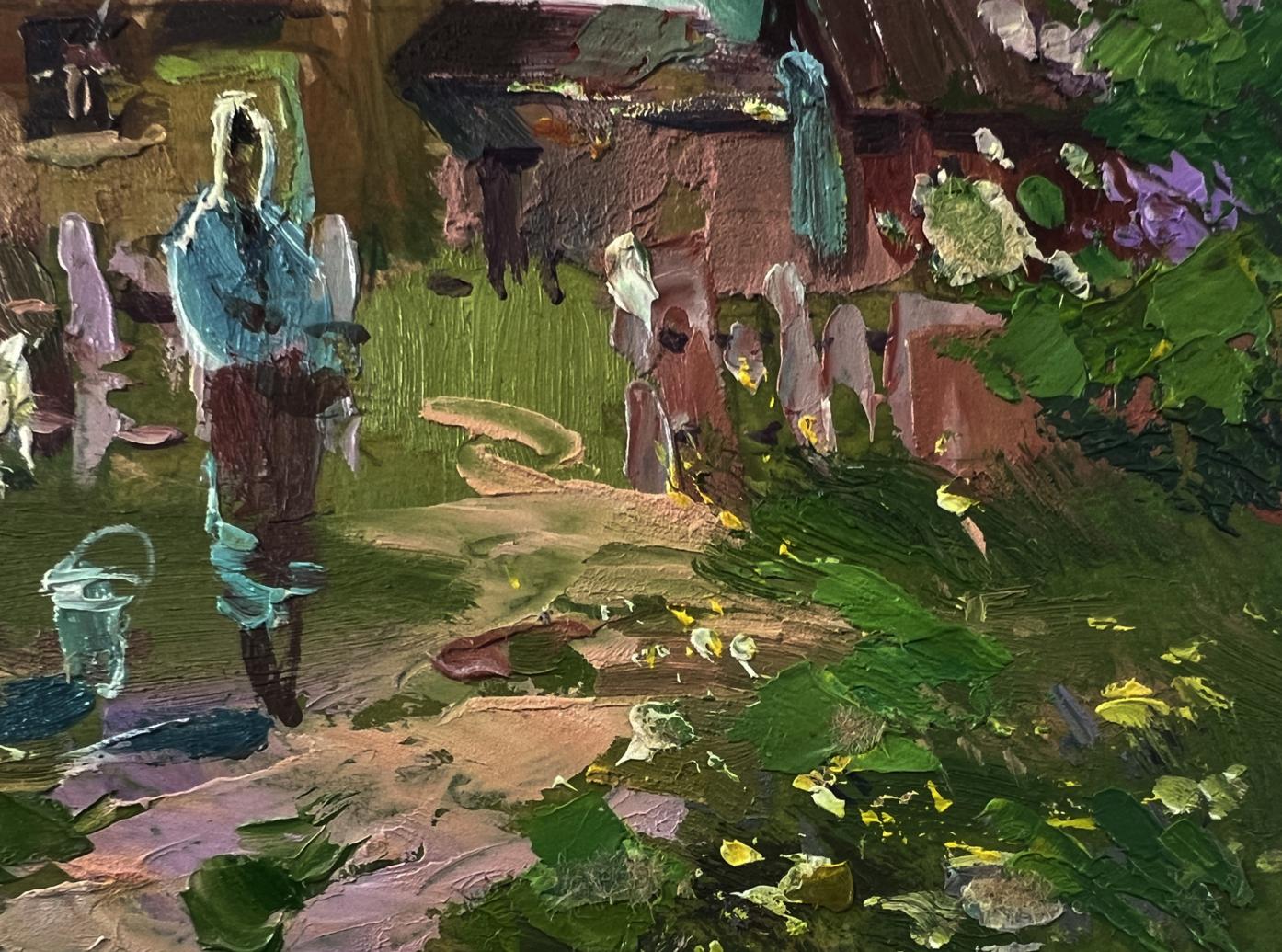 Oil painting Yard in the village by Yuriy Suprunchuk, textured figure in greenery