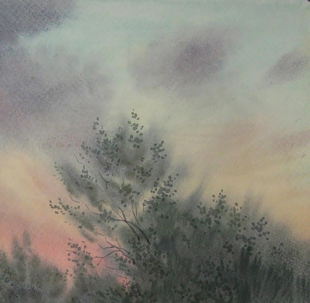 Watercolor painting Before the Rain by Valery Savenets, tree in misty sky