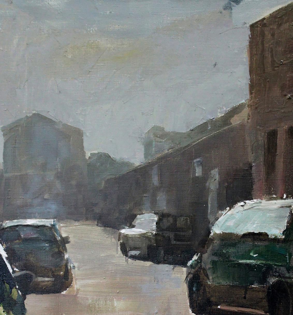 Muted oil painting of narrow street by Ed Potapenkov under overcast sky