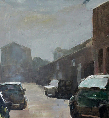 Muted oil painting of narrow street by Ed Potapenkov under overcast sky