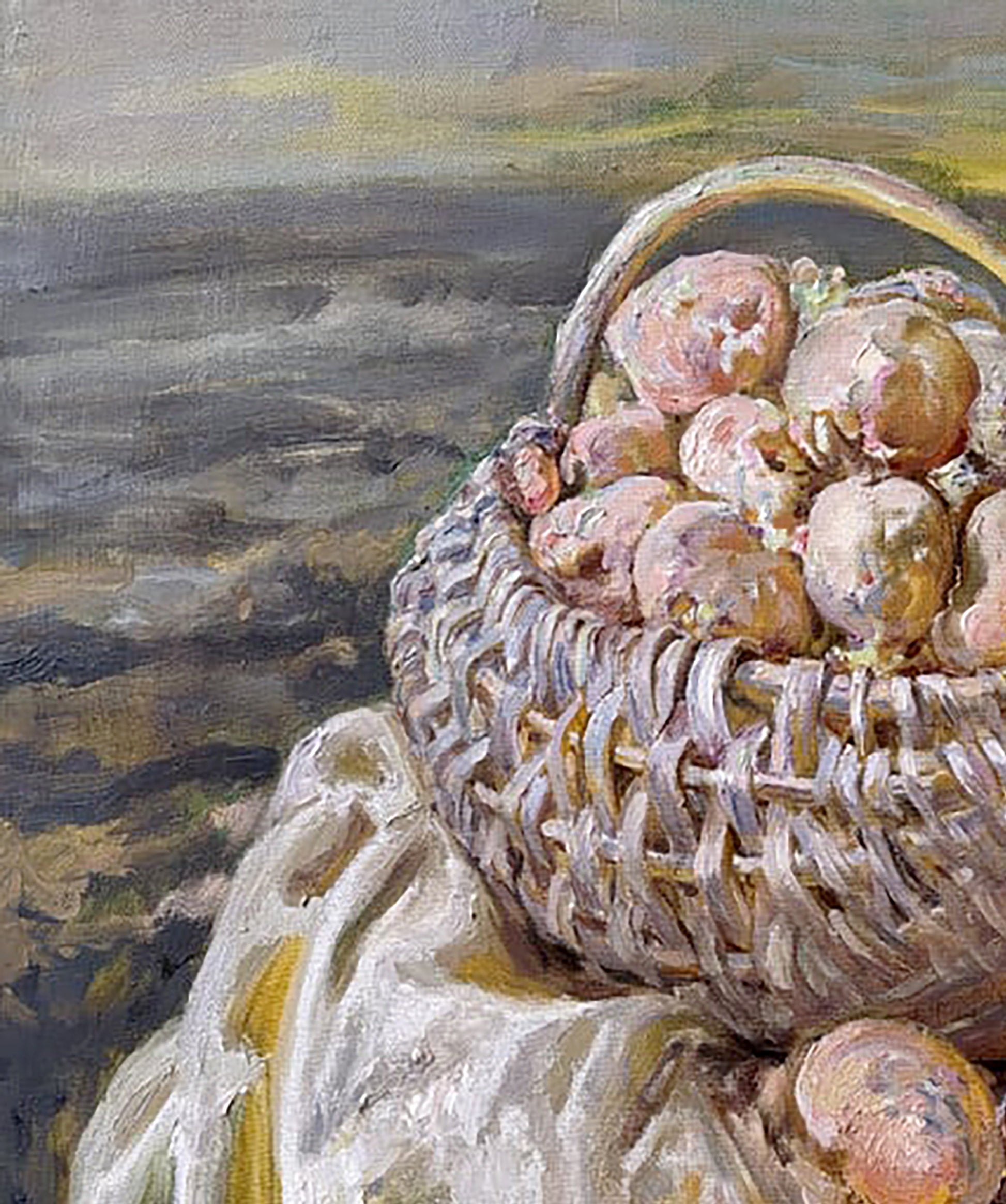 Oil painting by Leonid Pavlenko: wicker basket with pinkish-brown fruits