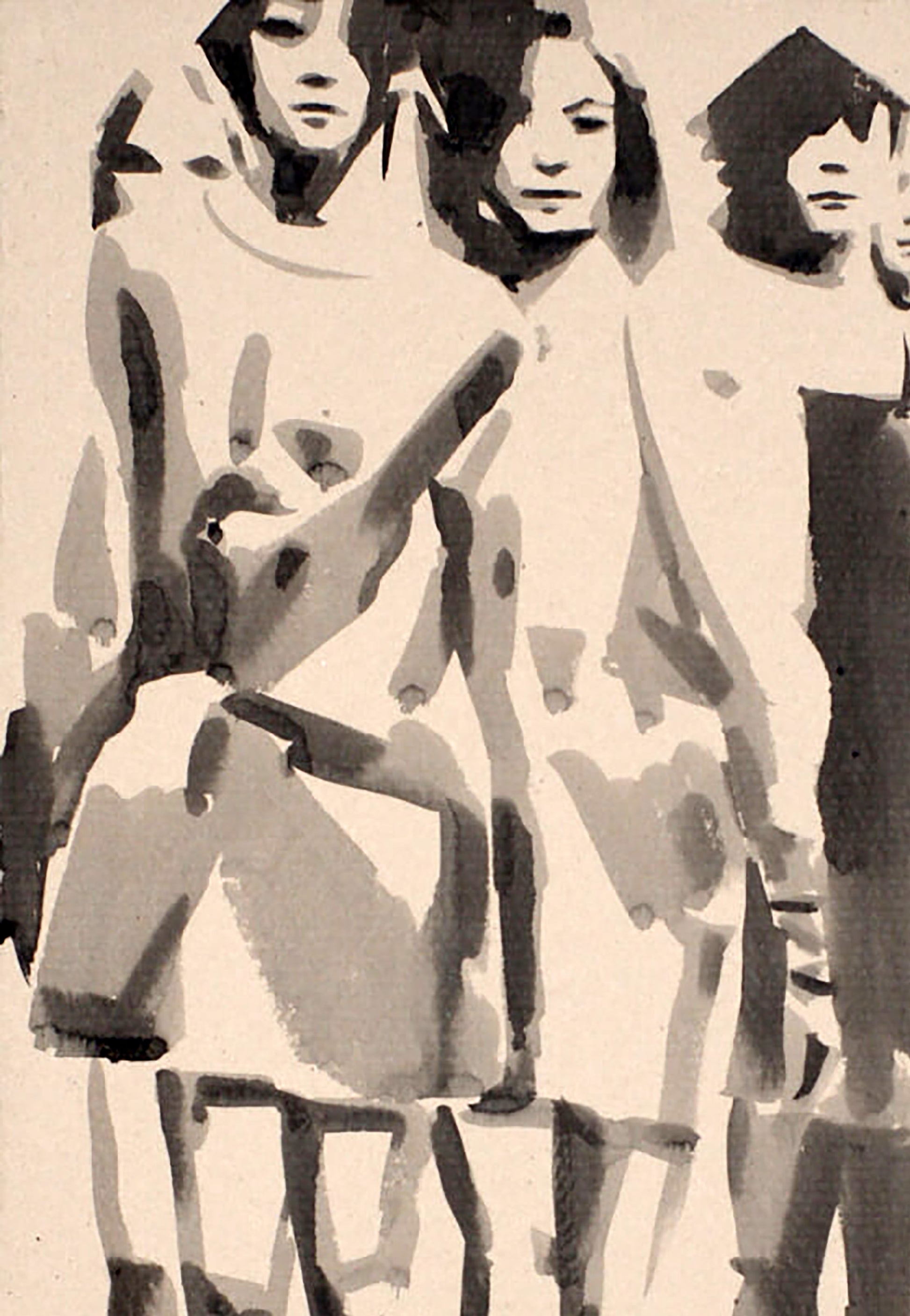 Abstract black and white watercolor of three stylized walking girls by Dima Filatov