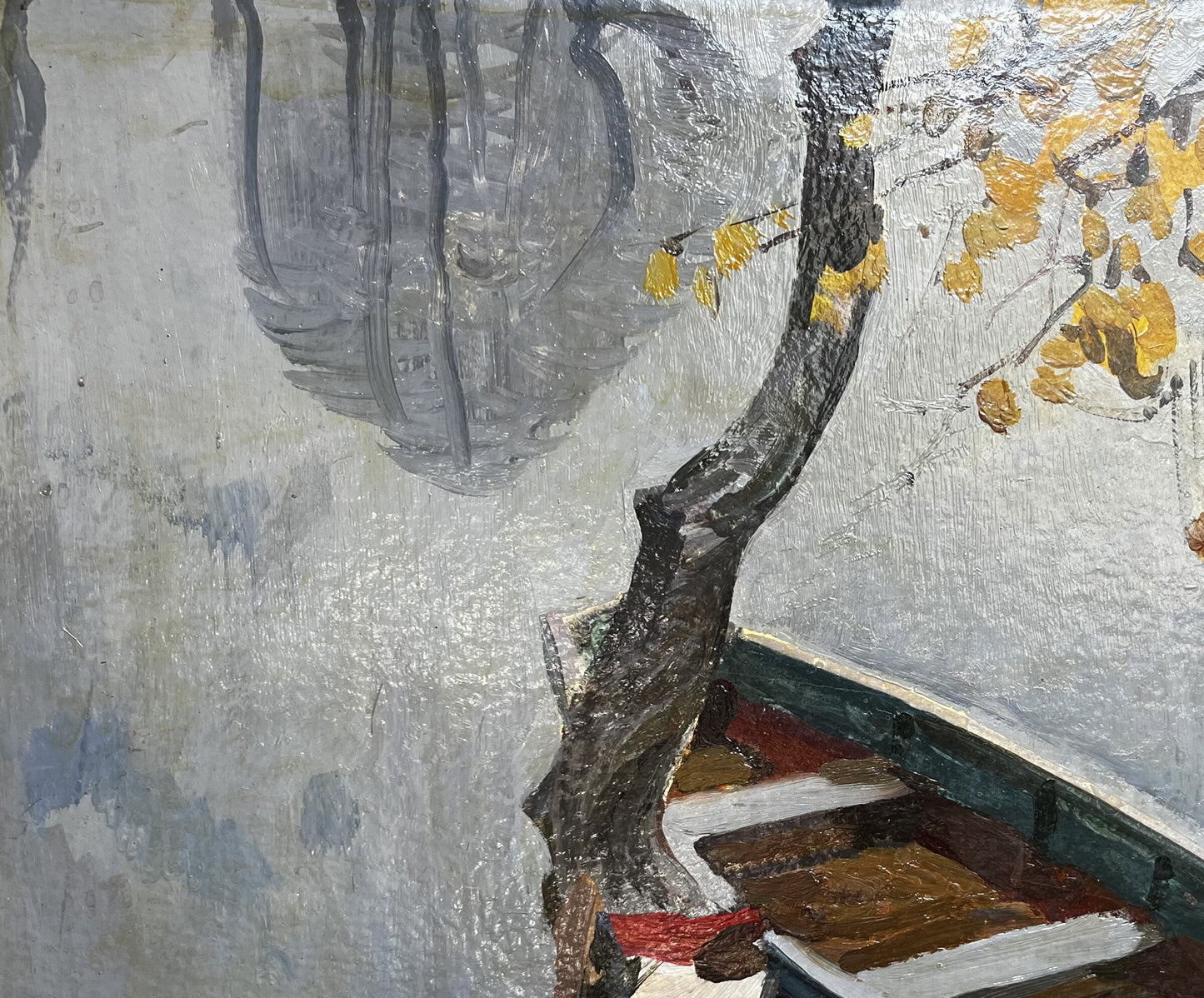 Oil painting Silence by Boris Kolesnik: gnarled tree trunk with yellow leaves