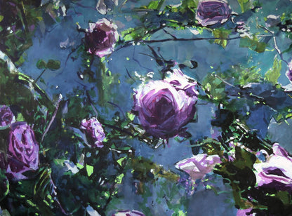 Vibrant oil painting of purple roses by Ed Potapenkov on blue-green background