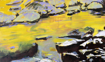 Vibrant yellow purple abstract Stones landscape oil painting by Ed Potapenkov