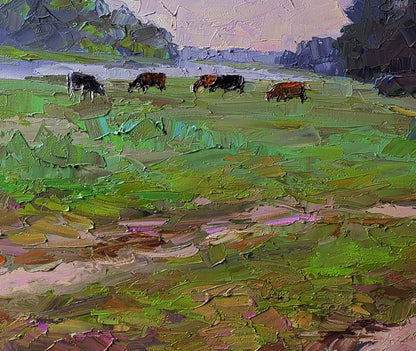 Oil painting Cows in the field by Boris Serdyuk textured impressionist cows grazing