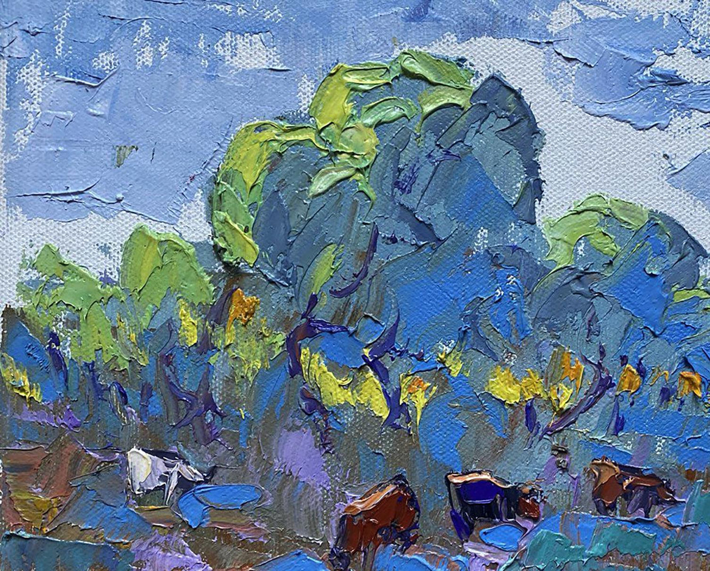 Impasto oil painting of rolling hills and grazing cattle by Oleksiy Ivanyuk