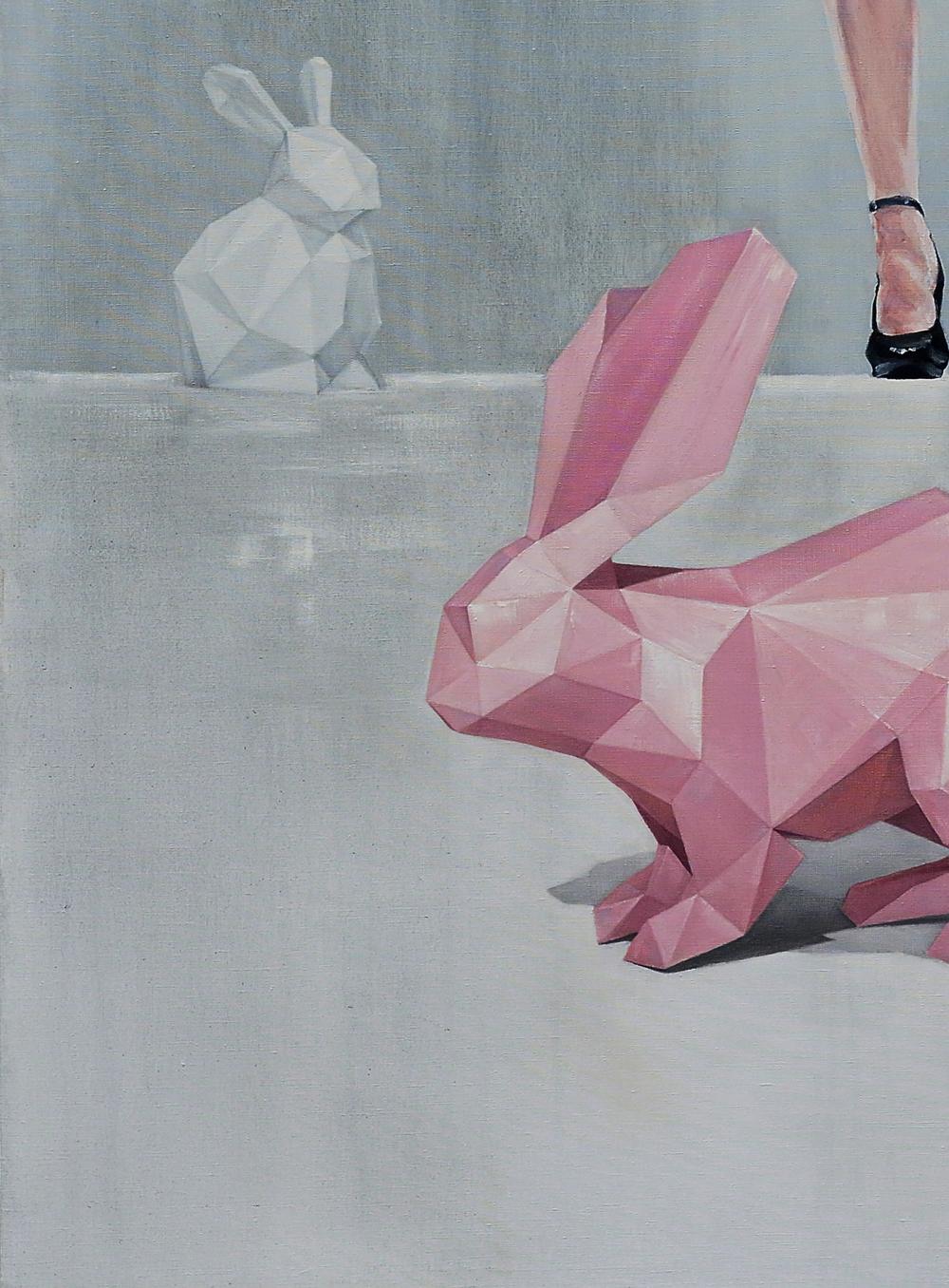Oil painting of pink geometric rabbit by Oleg Kateryniuk