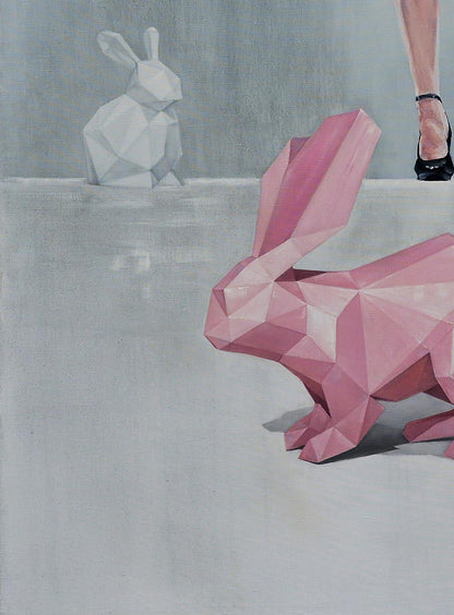 Oil painting of pink geometric rabbit by Oleg Kateryniuk