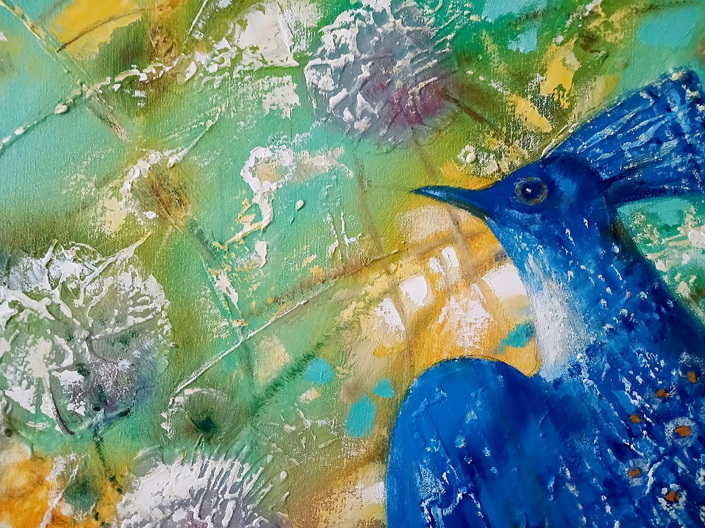 Abstract oil painting of vibrant blue bird by Anatoly Tarabanov