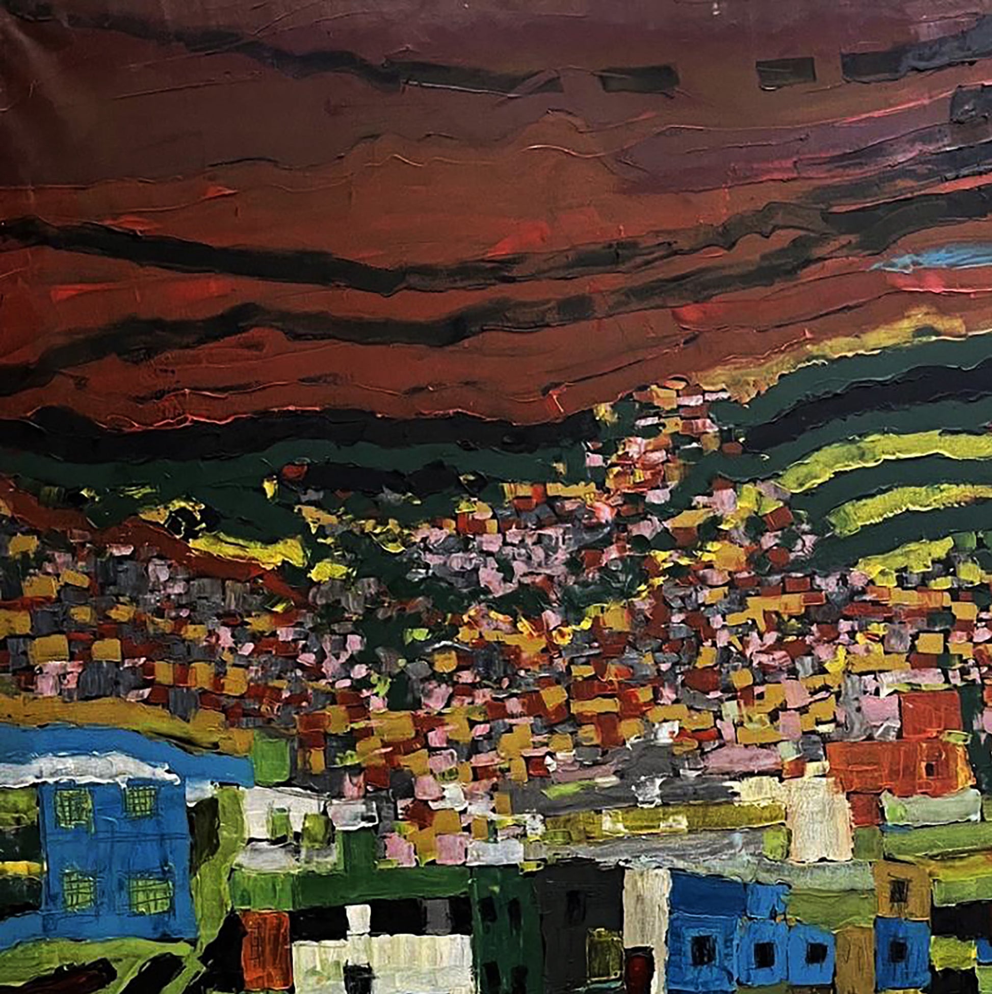 Oil painting Favelas by Serhiy Kovalev: vibrant hillside village under red sky