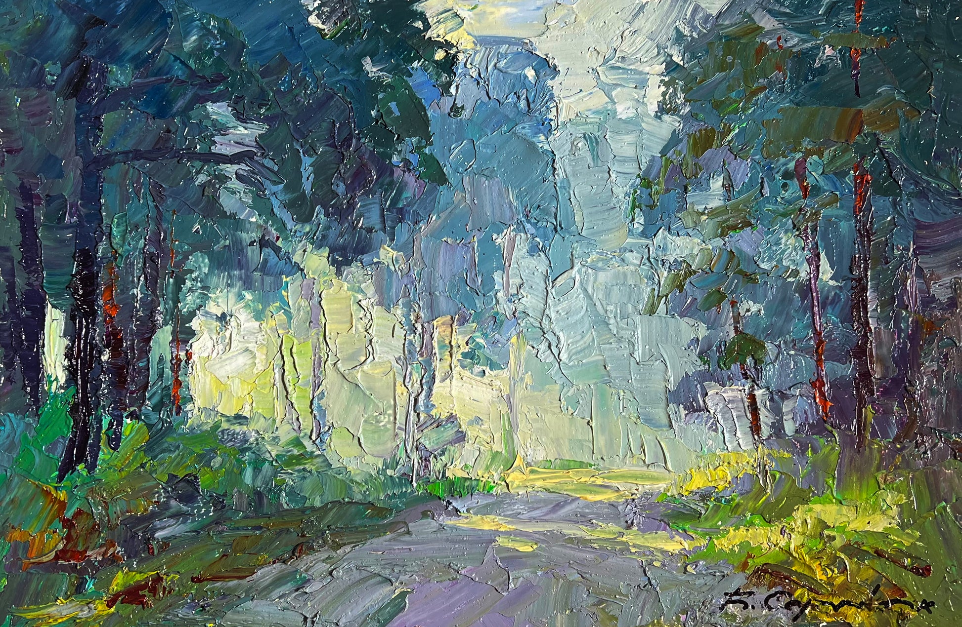 Textured impressionist forest path painting by Boris Serdyuk, wholesale $95 orig