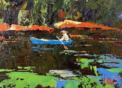 Oil painting Willows bent over the silence by Oleksiy Ivanyuk: blue rowboat on reflective water