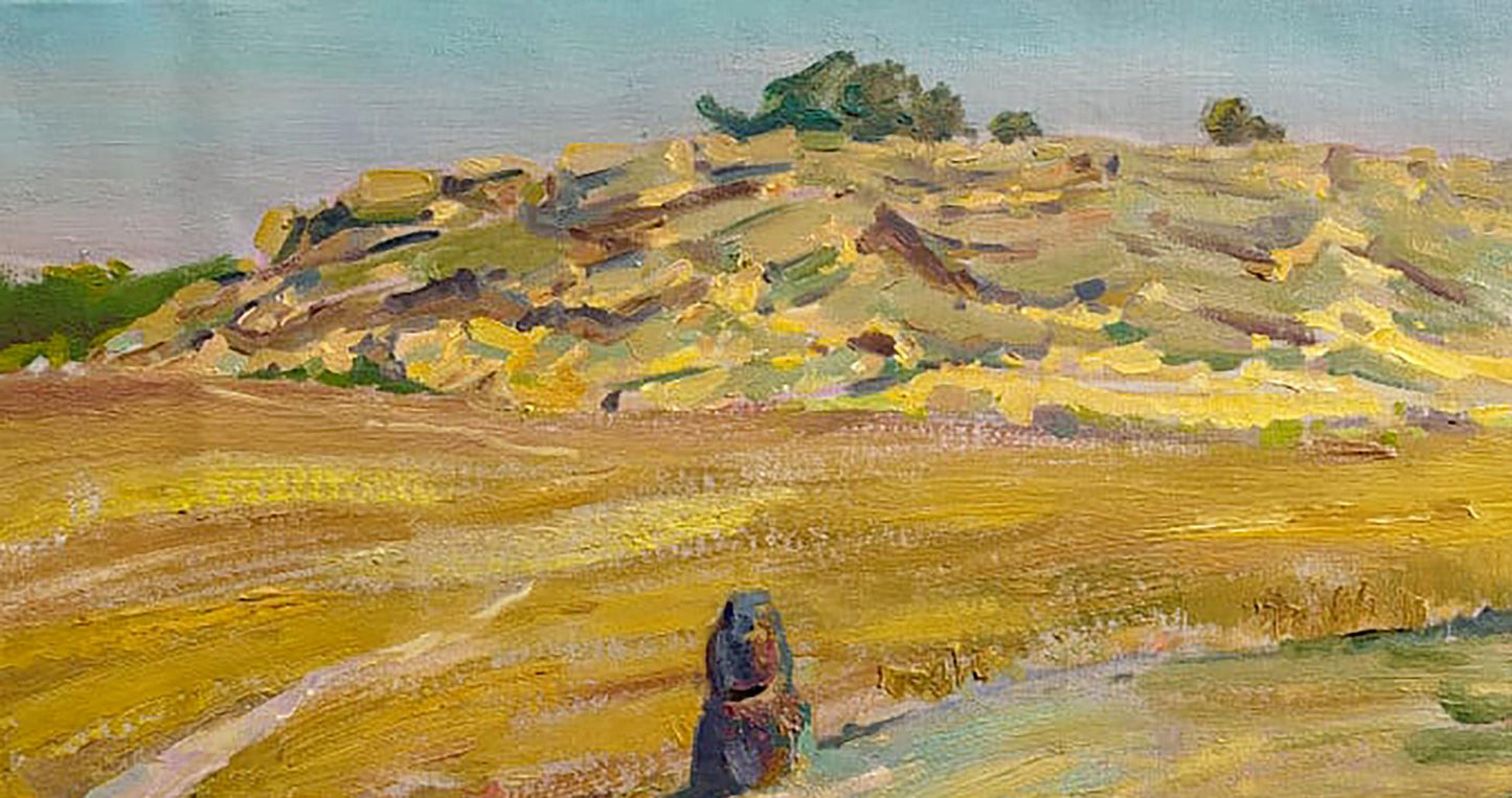 Oil painting of dark stone grave statue in golden field by Leonid Pavlenko