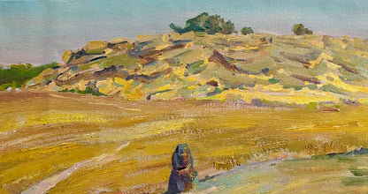 Oil painting of dark stone grave statue in golden field by Leonid Pavlenko