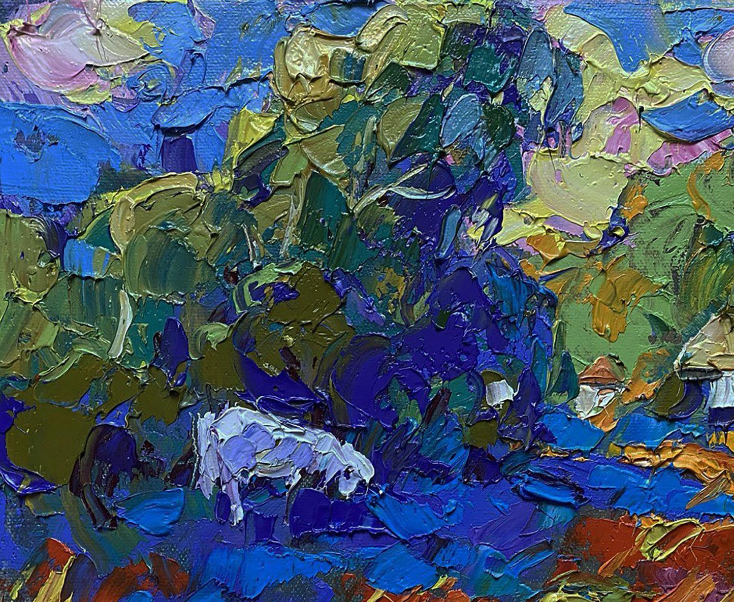 Vibrant impressionist oil painting In the evening field by Oleksiy Ivanyuk with white sheep