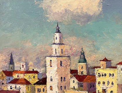 Oil painting of Italian coastal town by Serhiy Rybak, pastel buildings and towers