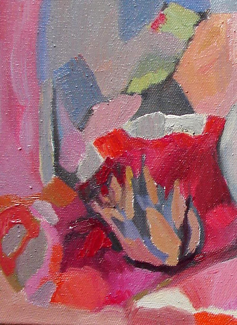 Vibrant red ceramic vase with flame texture, blue accents by Tatyana Shulyak