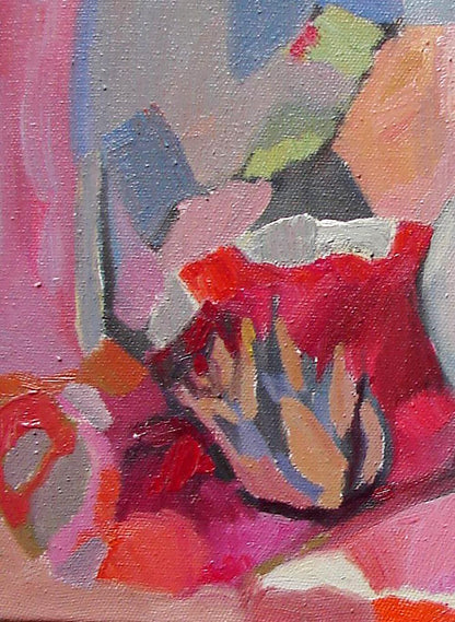 Vibrant red ceramic vase with flame texture, blue accents by Tatyana Shulyak
