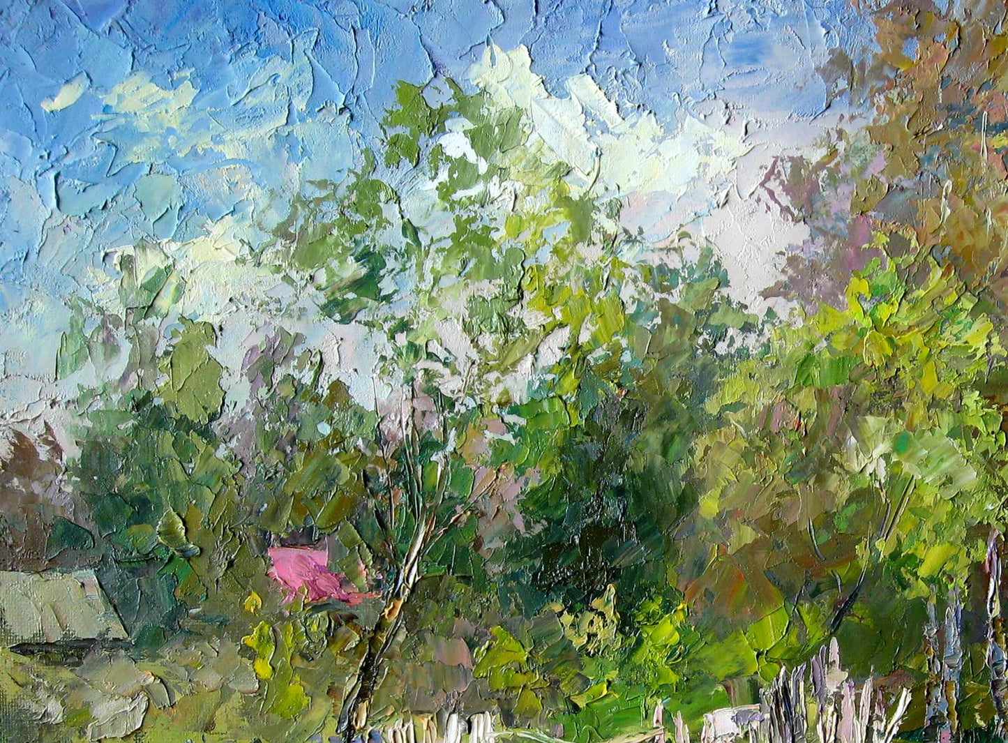 Oil painting On the outskirts by Boris Serdyuk with green foliage and blue sky