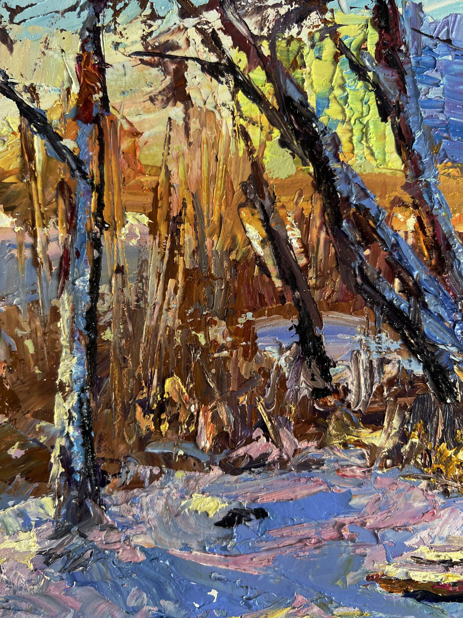 Impressionistic oil painting of Boris Serdyuks winter forest with bare trees