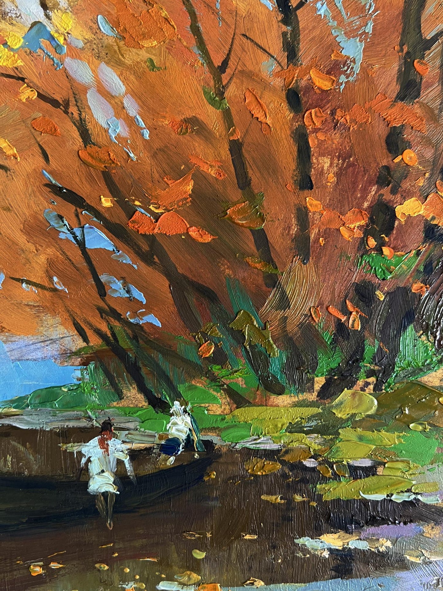 Vibrant oil painting On the autumn river by Yuriy Suprunchuk, boat on waterway