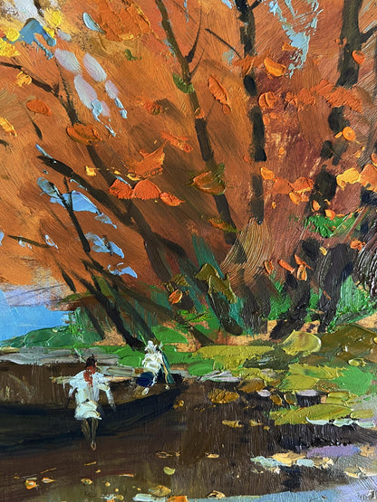 Vibrant oil painting On the autumn river by Yuriy Suprunchuk, boat on waterway