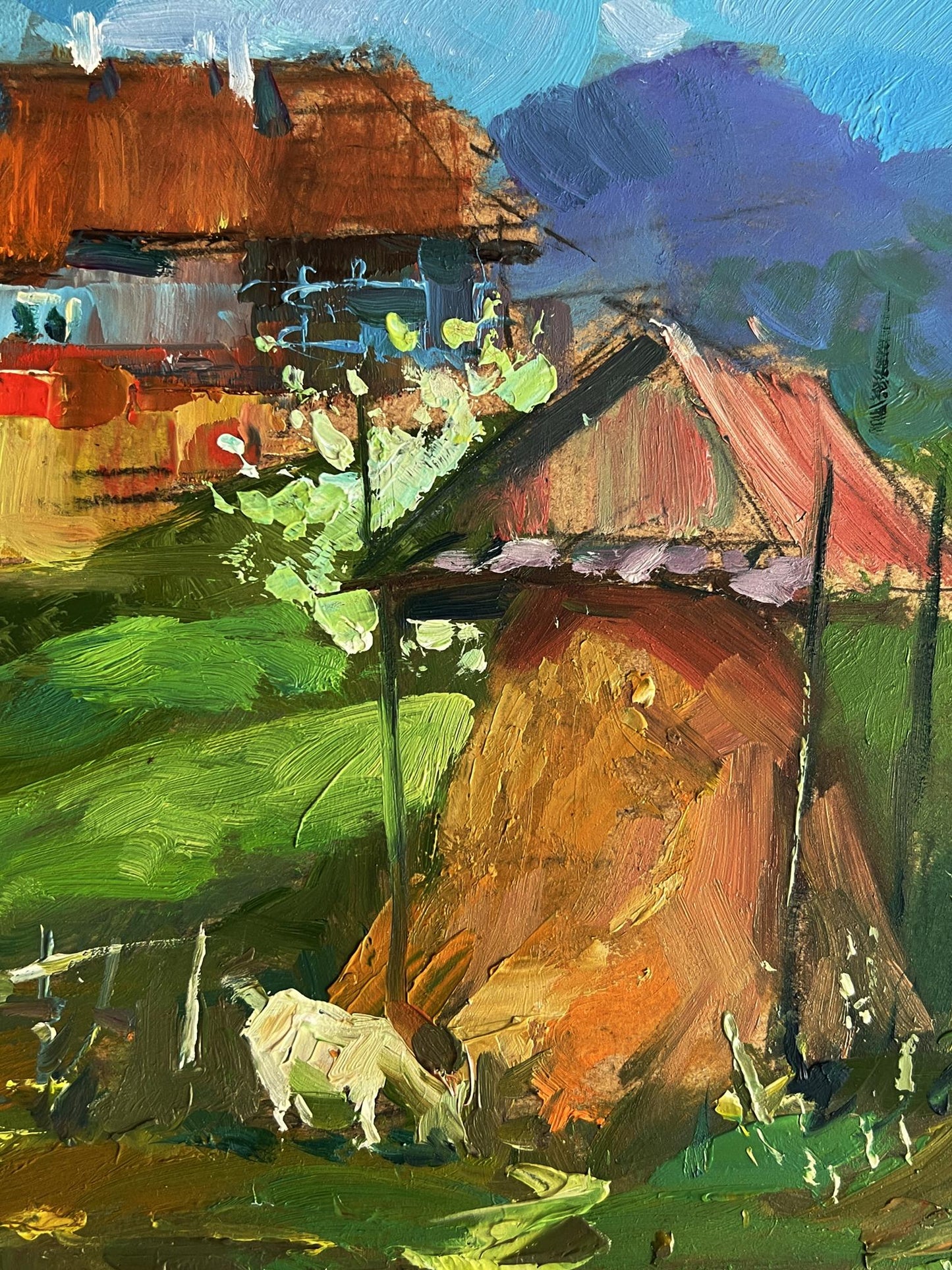 Vibrant impressionistic oil painting of Yuriy Suprunchuk village garden with goat