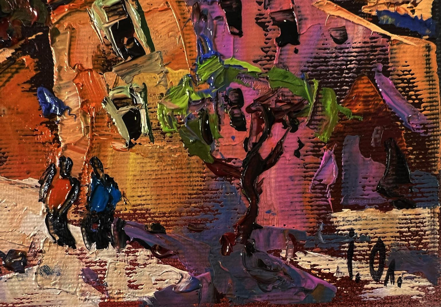 Oil painting Evening of a city street by Oleksiy Ivanyuk with vibrant tree