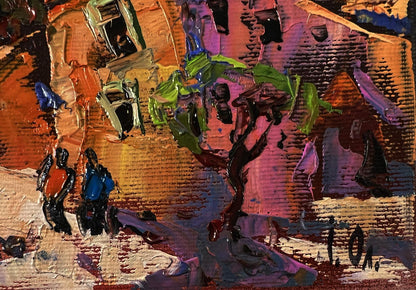 Oil painting Evening of a city street by Oleksiy Ivanyuk with vibrant tree