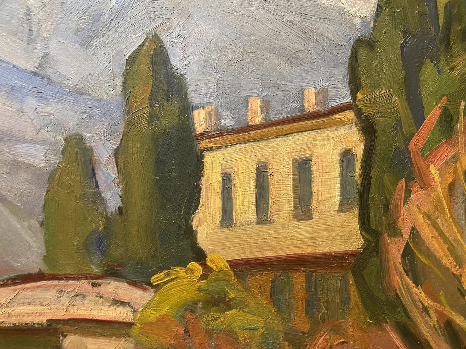 Oil painting of yellow stucco city street building by Nikolai Hrustalenko