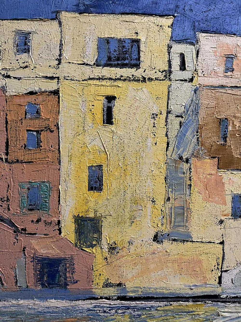Oil painting Dark Light by Serhiy Kovalev with colorful impasto buildings