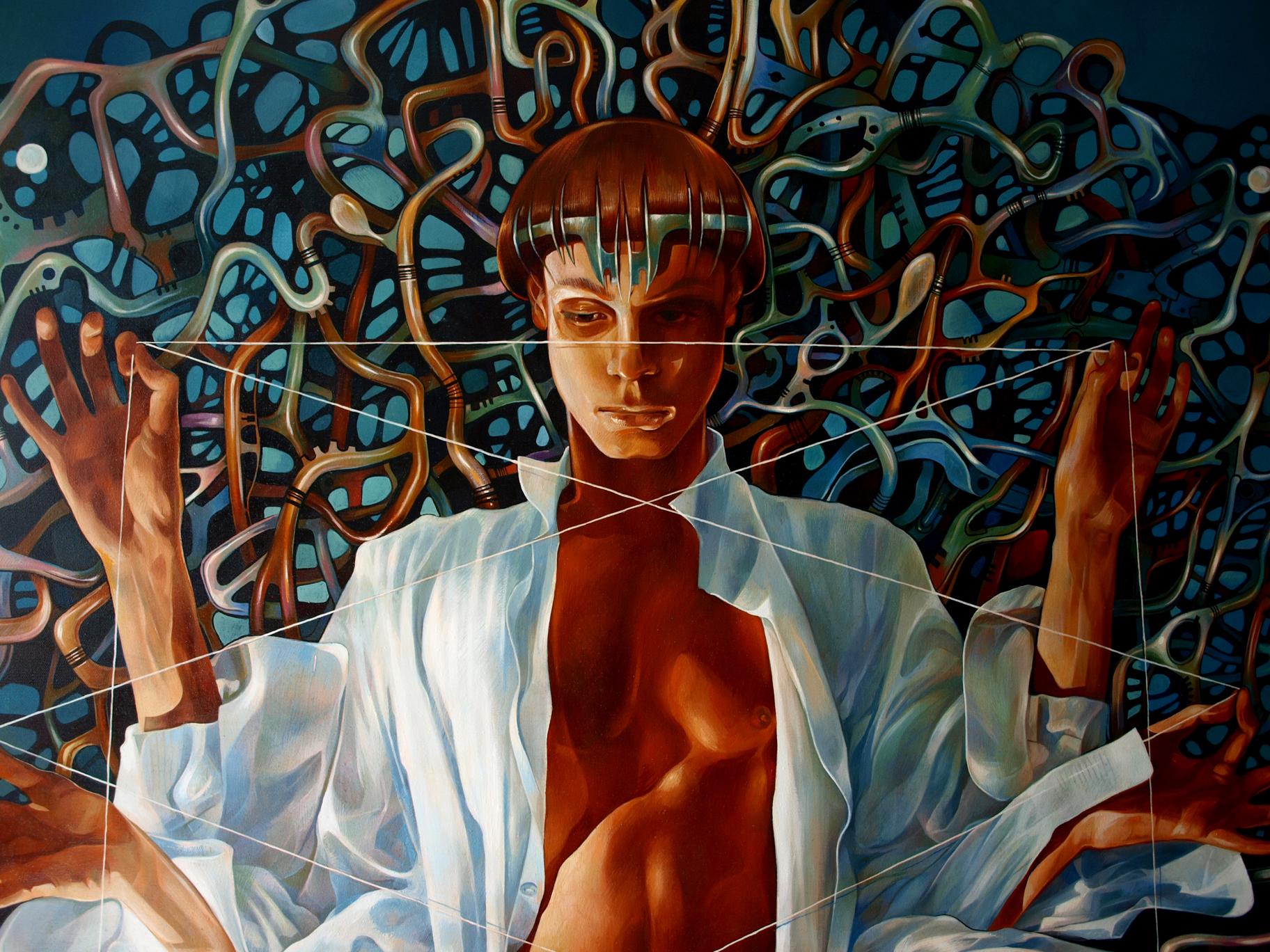 Surreal oil painting Banyan by Konsta G. Amelinn: man in open shirt with glowing tendrils