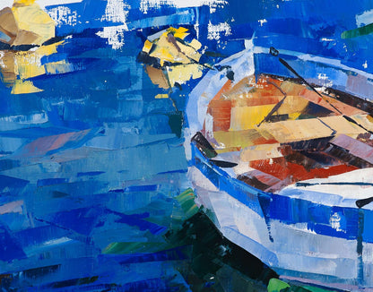 Oil painting Emerald Volodymyr Gluhomanyuk: white blue boat abstract