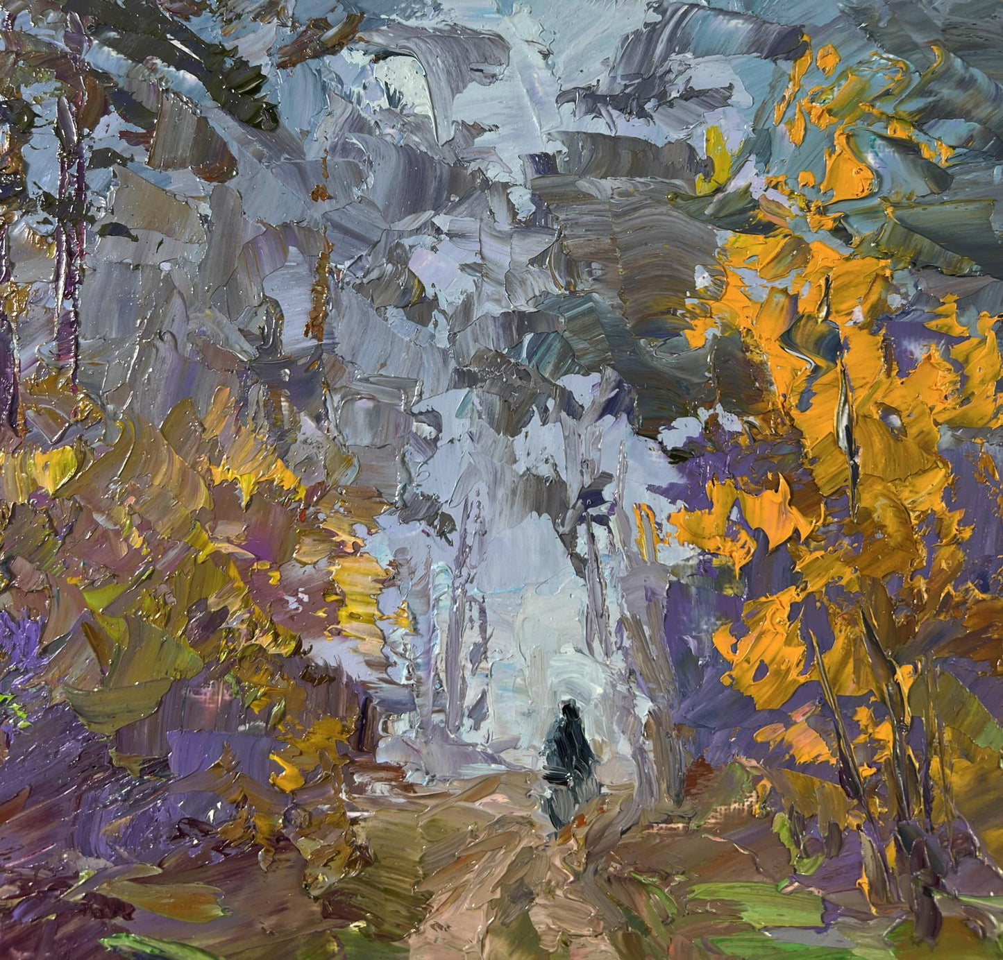 Oil painting of mushroom season forest path by Boris Serdyuk