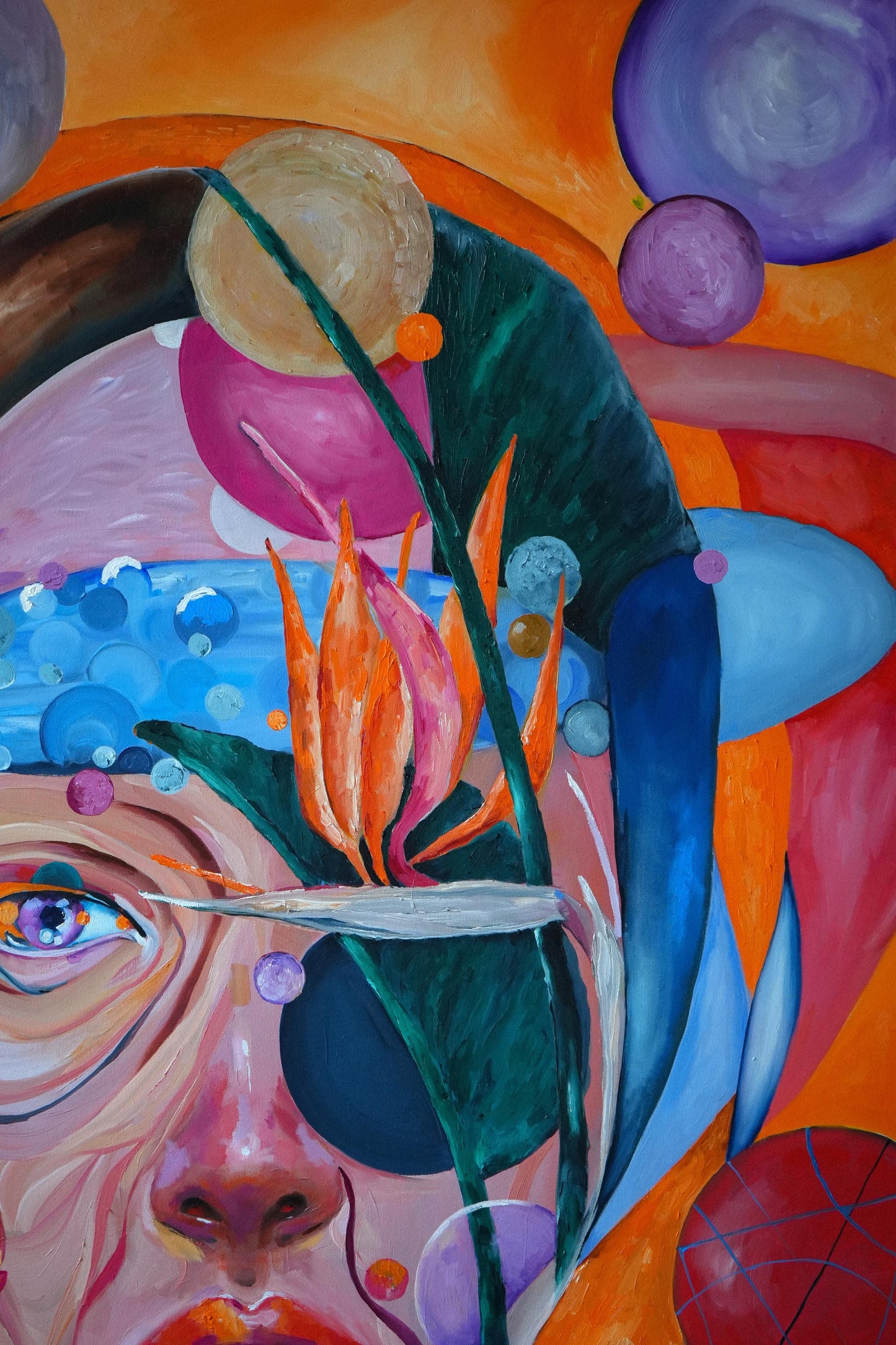 Oil painting Microcosm by Victoria Kagalovska with vibrant surreal face