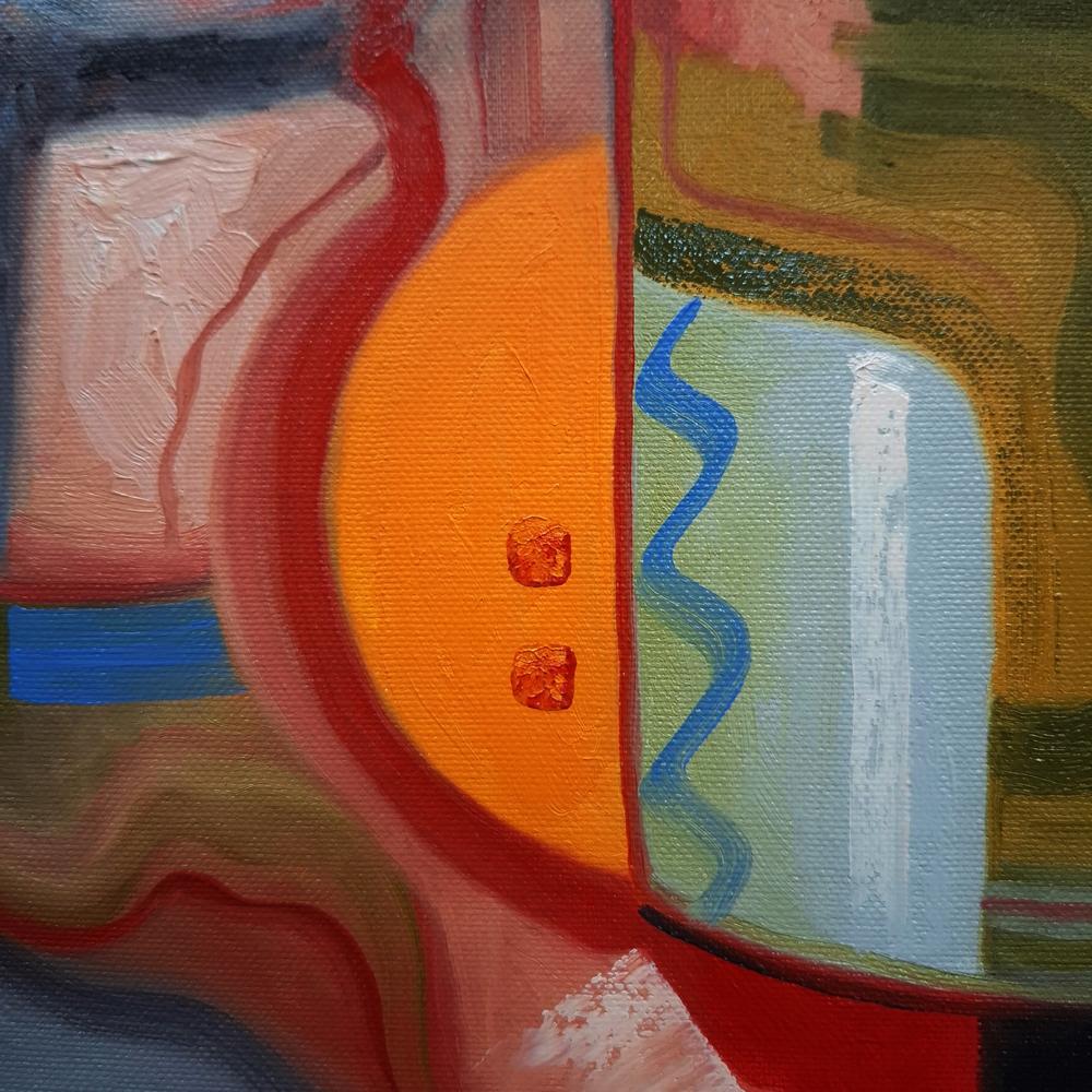 Oil painting Green mug in the morning by Sergiy Voichenko, abstract orange red circles