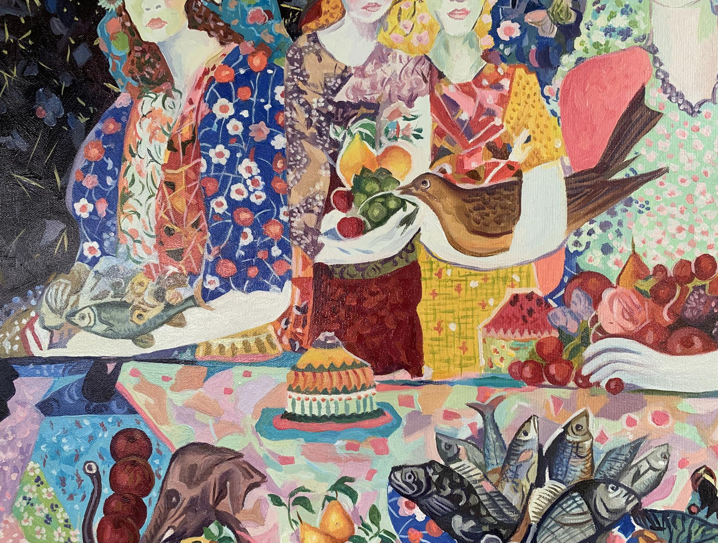 Oil painting Girls at the Table by V. Konotopsky, inspired by Maria Berrio