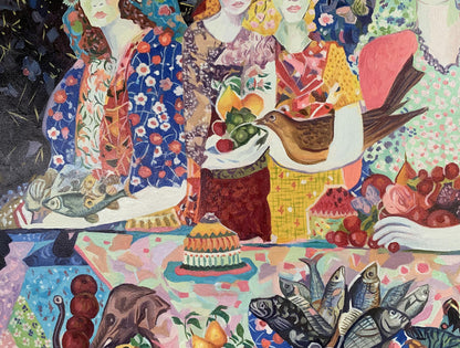 Oil painting Girls at the Table by V. Konotopsky, inspired by Maria Berrio