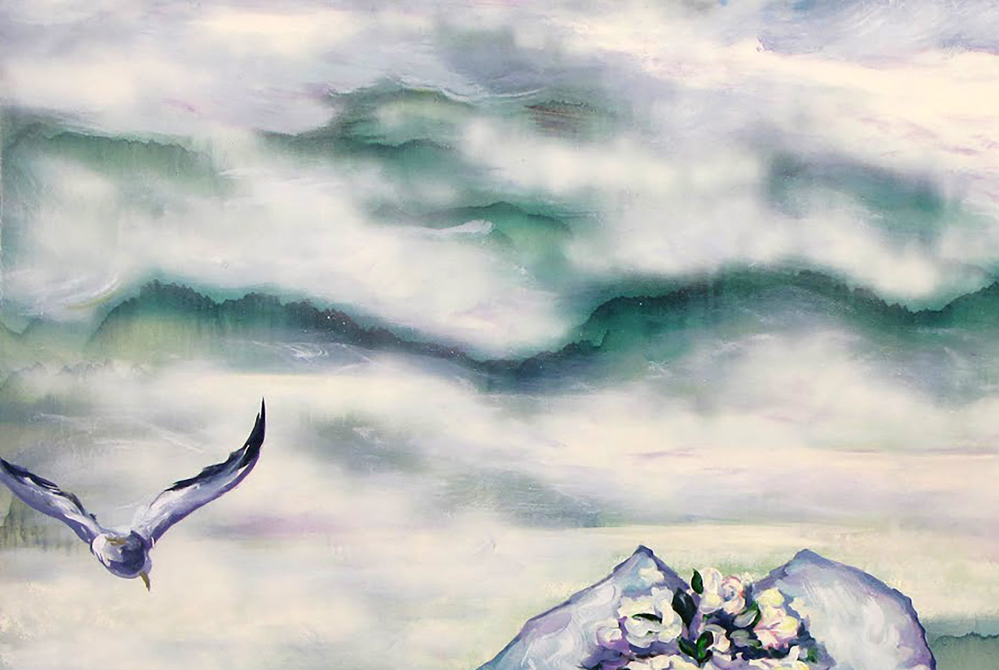 Watercolor seagull in flight over rocky flowers by Igor Konovalov