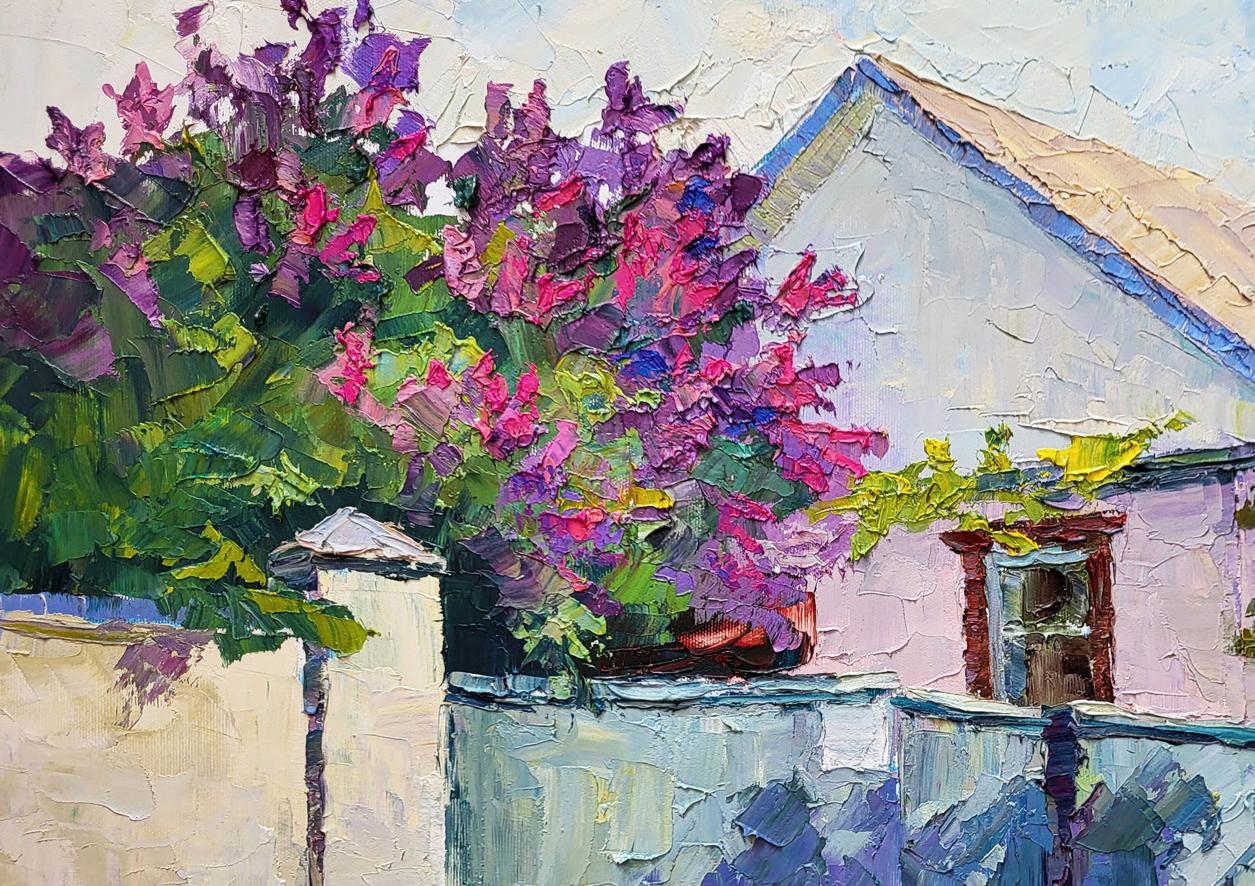 Oil painting of vibrant purple pink bougainvillea bush by Boris Serdyuk