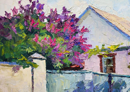 Oil painting of vibrant purple pink bougainvillea bush by Boris Serdyuk