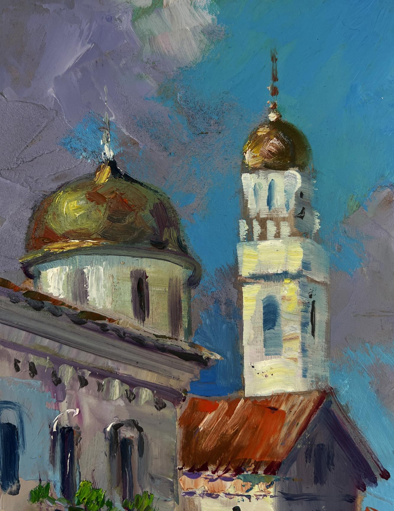 Oil painting by Yuriy Suprunchuk: golden-domed church towers and sea against blue sky