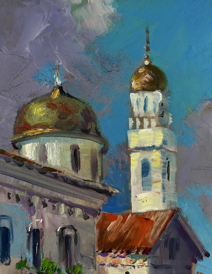 Oil painting by Yuriy Suprunchuk: golden-domed church towers and sea against blue sky