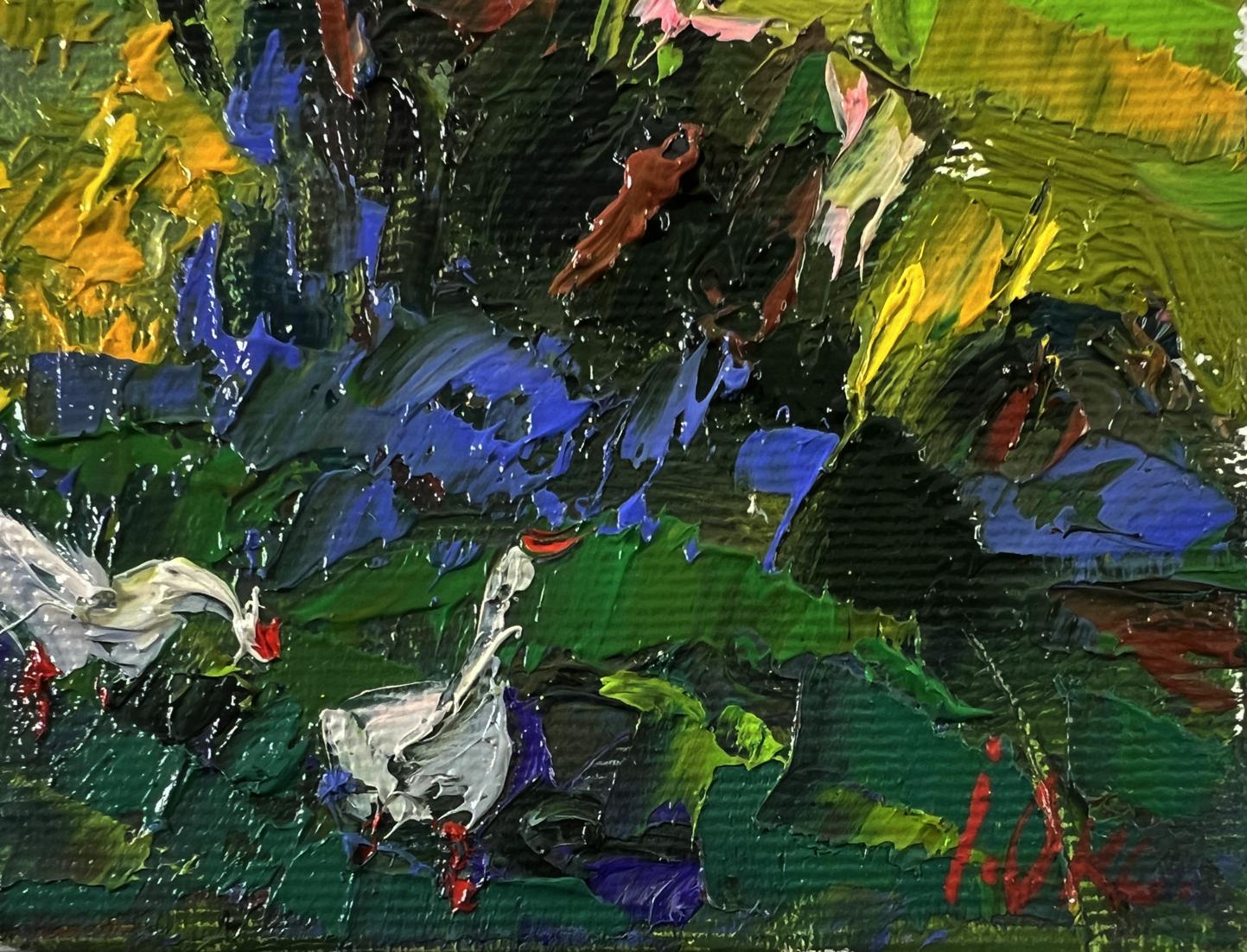 Vibrant oil painting Geese under the Trees by Oksana Ivanyuk with textured green blue strokes